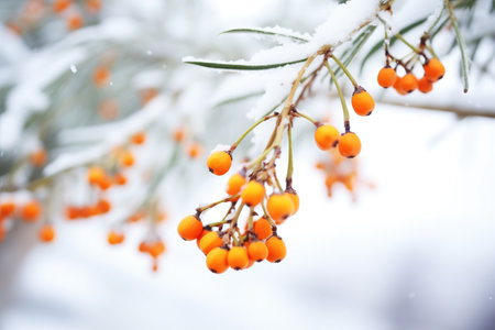 early winter snowfall resting on ripe sea buckthorn berriesの素材
