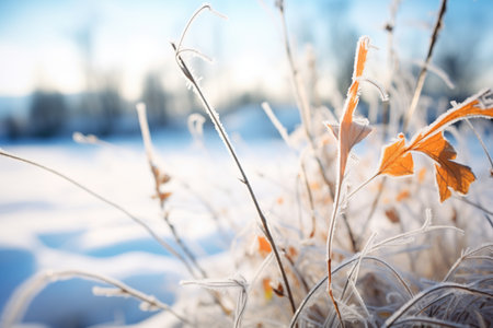 frost-bitten foliage along a frozen lakes perimeterの素材
