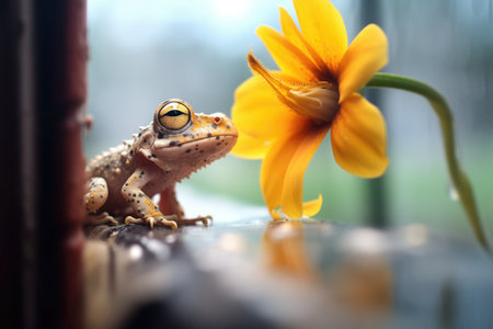 high angle of gecko watching moth on flowerの素材