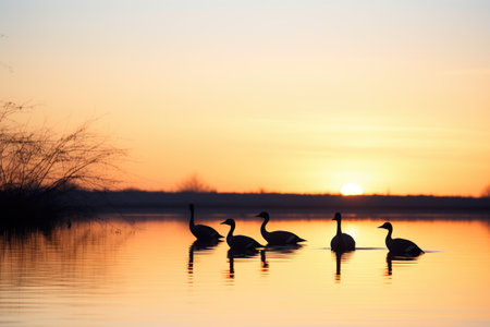 silhouette of geese at sunset near a lakeの素材