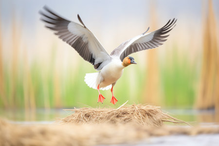 solo goose flapping wings near a nest in reedsの素材