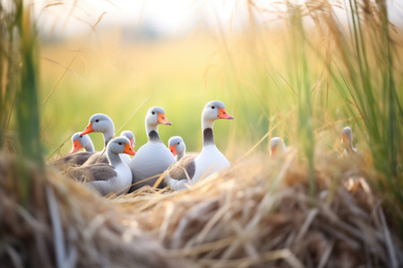 flock of geese surrounding a hidden nest in tall grassの素材