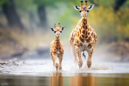 giraffe mother leading her calf to waterの素材