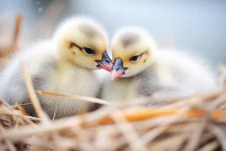 goslings snuggling up to each other, geese guardの素材