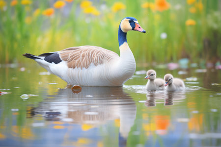 two adult geese with goslings at lakesideの素材