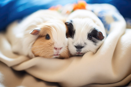 guinea pigs snuggled in a pile on soft beddingの素材