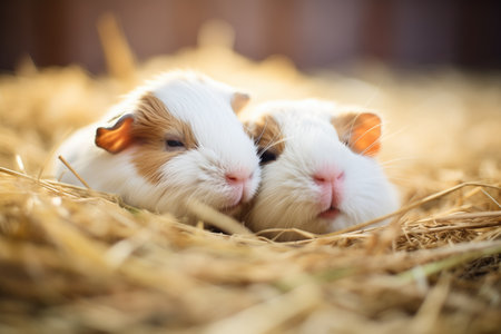 guinea pigs nestled in hay with eyes closedの素材