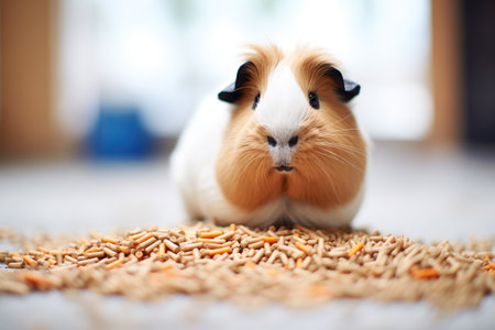 guinea pig beside a pile of pelletsの素材