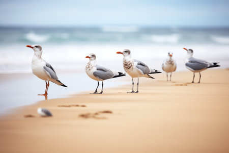 gulls lined up on a sandy shore with waves rolling in the backgroundの素材