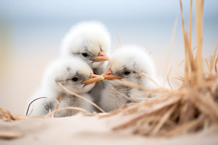 fluffy gull chicks huddled together on a beach duneの素材