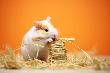 hamster creating a hideout of strawの素材
