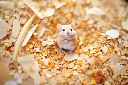 hamster nesting in pile of aspen shavingsの素材