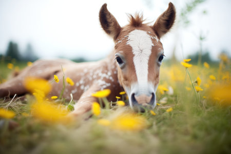 foal resting in a field of daisiesの素材