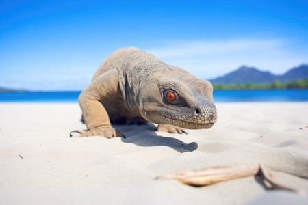 komodo dragon on sandy beach with clear blue skyの素材