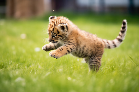 playful cub pouncing on a shaded spotの素材