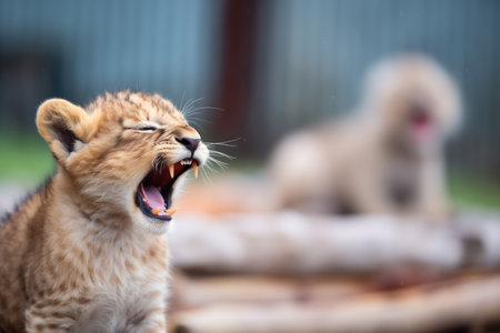 a cub yawning with a blurred lion in backgroundの素材