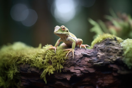 lizard with black dewlap perched on mossy logの素材