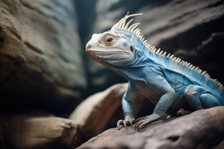 blue iguana showing dewlap on rocky terrainの素材