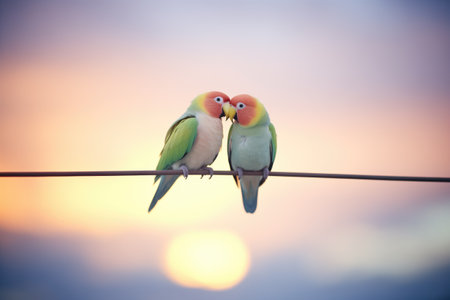 lovebirds in a gentle peck facing sunset skyの素材
