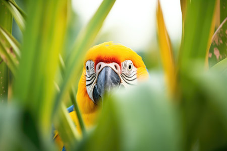 curious macaw peeking through foliage, then taking offの素材