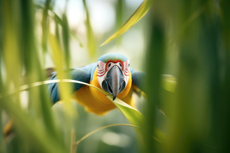 curious macaw peeking through foliage, then taking offの素材
