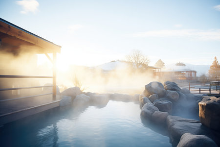 misty breath above steaming outdoor hot springsの素材