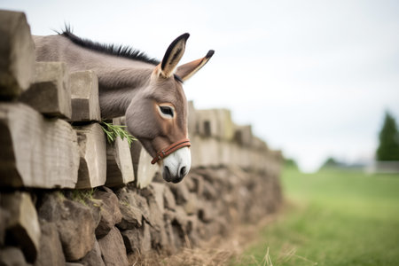 mule with a black stripe grazing next to a low stone fenceの素材