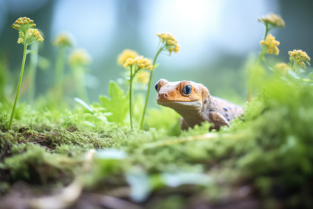 newt amidst a patch of wildflowers and greeneryの素材
