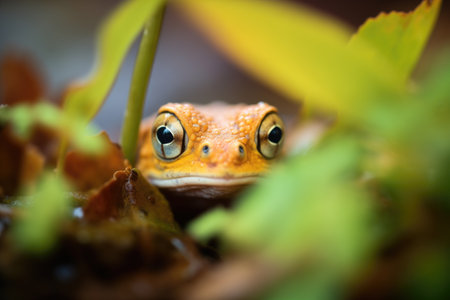 newt peeking out of pond vegetationの素材