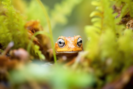 newt peeking out of pond vegetationの素材