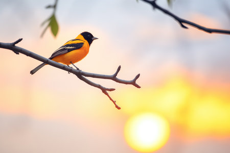 a distant silhouette of an oriole at sunset in the groveの素材