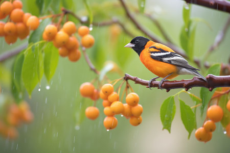raindrops on oriole amidst stormy orange groveの素材