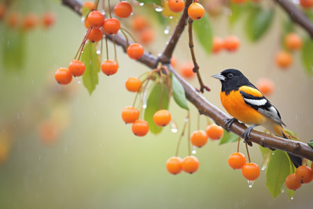 raindrops on oriole amidst stormy orange groveの素材