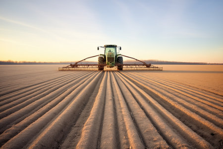 shadow of ox and plow on farmland during golden hourの素材