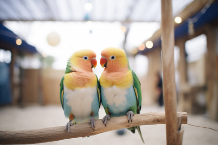 lovebirds on a sand-coated perch in an aviaryの素材