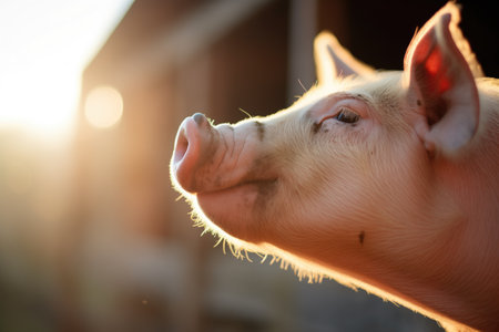 profile of a pigs face highlighted by sunshineの素材