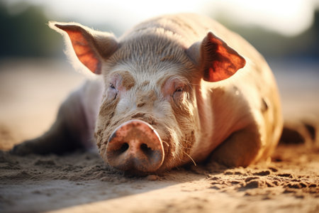 mud-spattered pig in bright sunlightの素材