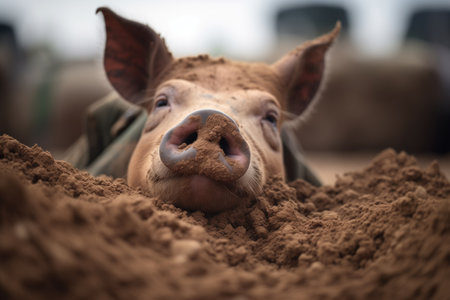 pig with snout buried in dirt pileの素材