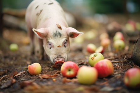 domestic pig among fallen applesの素材