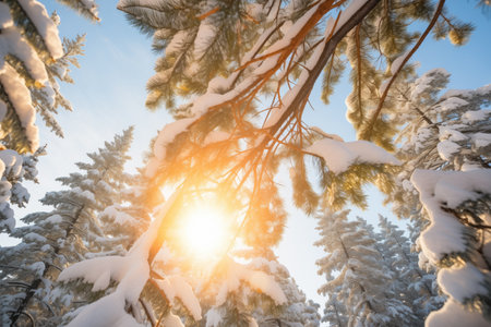 sunburst through a snow-covered pine canopyの素材