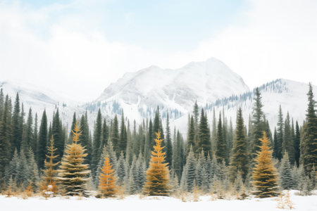 pine forest covered in snow with a mountain backdropの素材