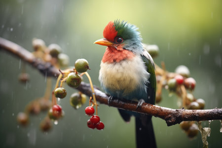 quetzal with berry in beak, foggy backdropの素材