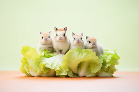 group of rabbits around a lettuceの素材