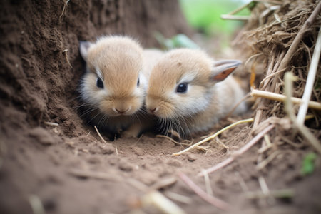 young rabbits in a burrow entrance, one grooming siblingの素材