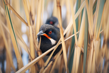 close-up of blackbirds eye among reedsの素材