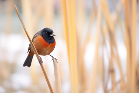 blackbird on reed over blurred backgroundの素材