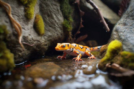 salamander resting in a rocky alcove by a streamの素材
