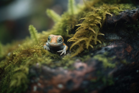 salamander in a rock gap surrounded by fernsの素材
