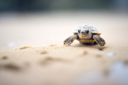 single turtle hatchling with trail in sandの素材