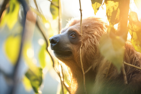 backlit sloth with sunrays piercing foliageの素材